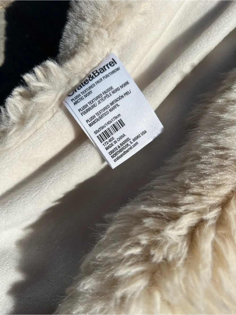 Crate & Barrel Plush Textured Faux Fur Throw Blanket Arctic Ivory 55x70 Cozy